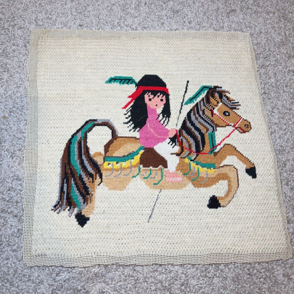 Vintage Degrazia Cross Stitch Southwest Art Native Carousel Horse 14x15 Tribal